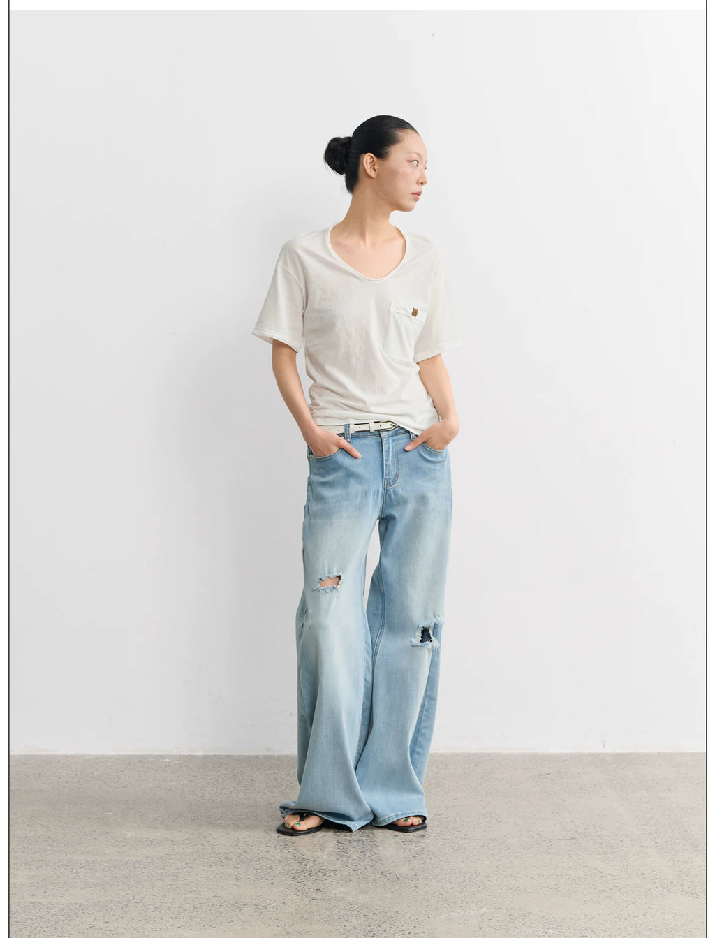 LINY LIBERTY Vintage V-neck Slack Hemming Casual Tee