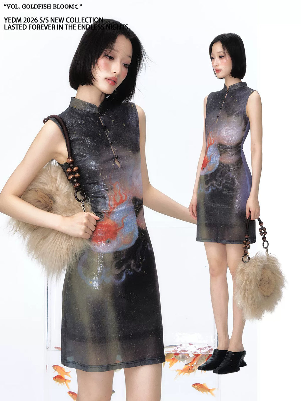 YEDM Goldfish in Water Fitted Cheongsam Dress