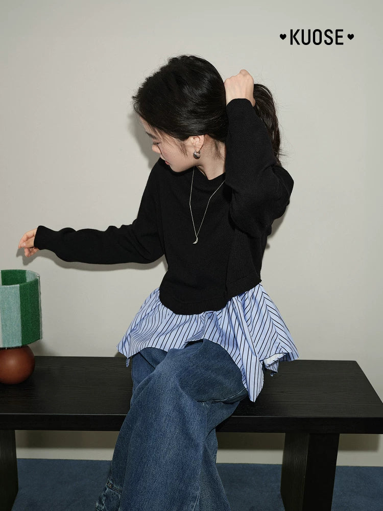 KUOSE Fake Two-piece Spliced Striped Sweater