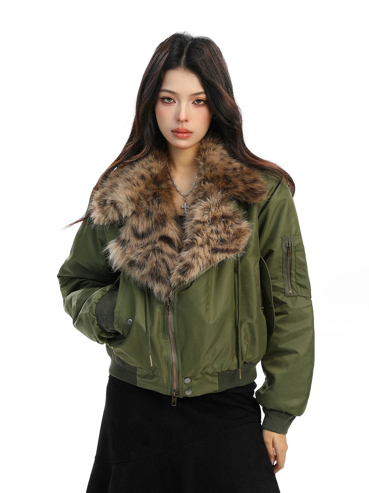 Kenvibe Leopard Print Fur Collar Thickened Loose Short Coat