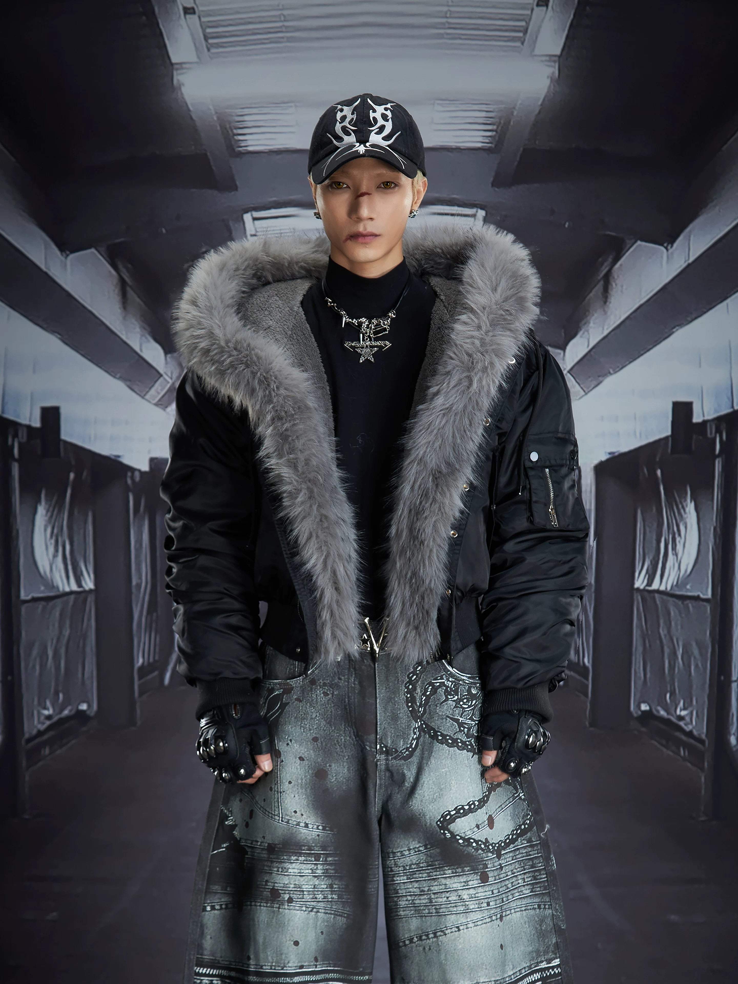 NOMANIAI Removable Fur Collar Nailed Hooded Embroidered Fleece Cotton Jacket