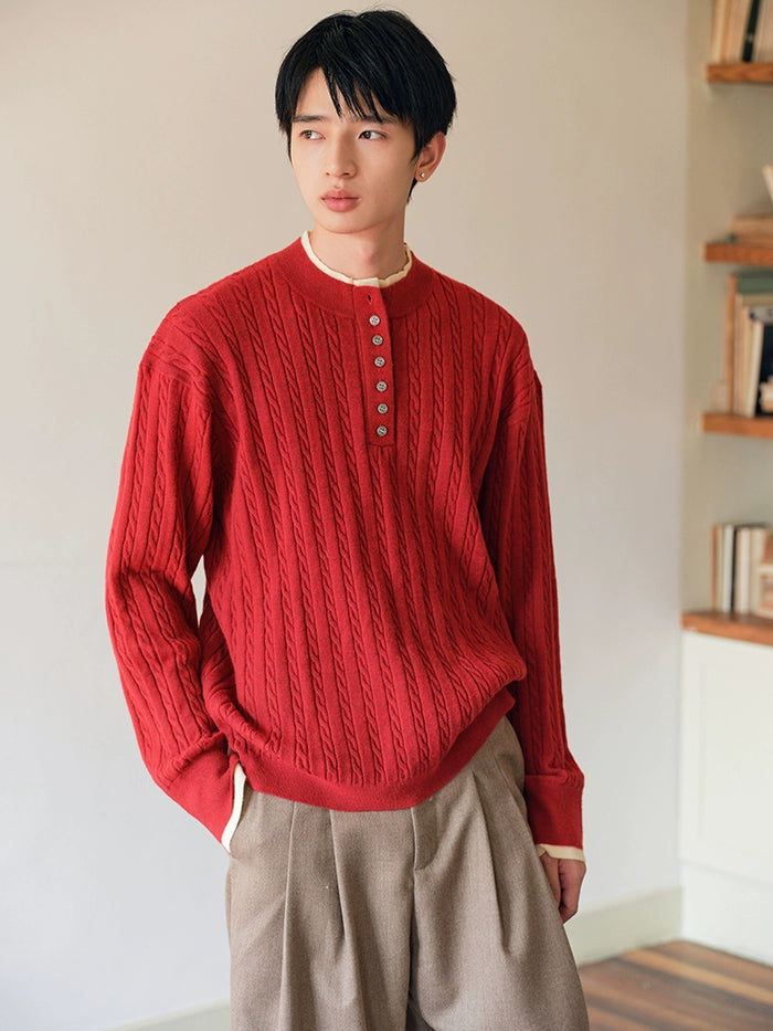 CARPEM Retro Contrasting Twisted Stand-up Collar Fake Two-piece Polo-neck Sweater