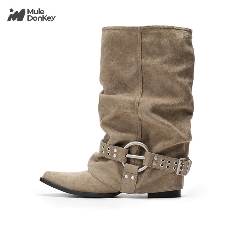 Mule Donkey Suede Pointed-Toe Western Mid-Calf Boot