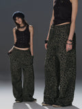 WearAndtear Leopard Print Burr Rivet Wide-leg Straight Sweatpants