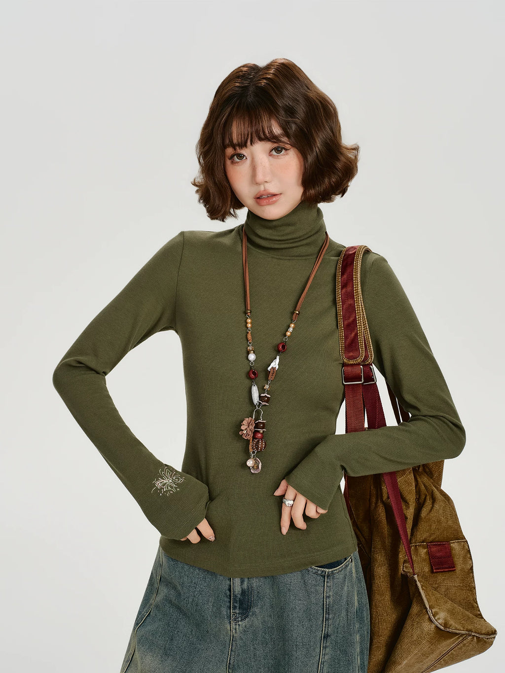 Girlyhalo Retrohigh Collarembroidersilmslimming Looklong Sleeves