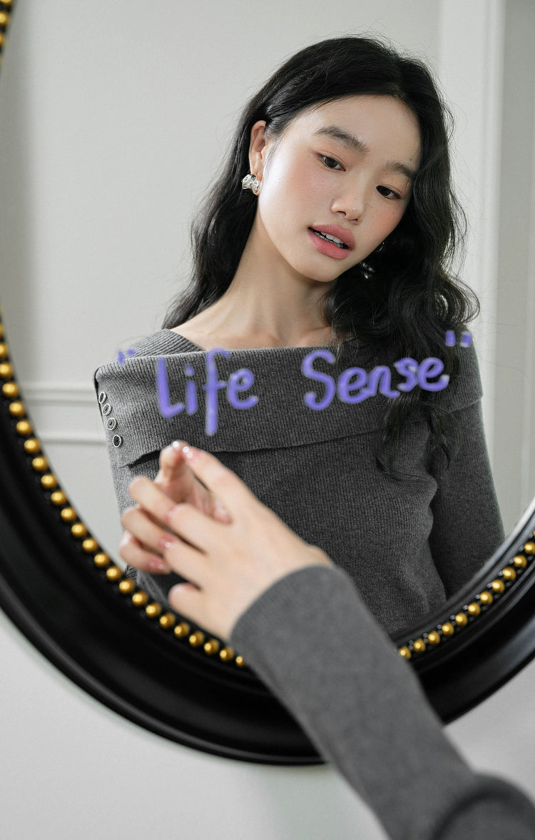 Kuose One-word Shoulder Thin Long-sleeved Knitted Sweater