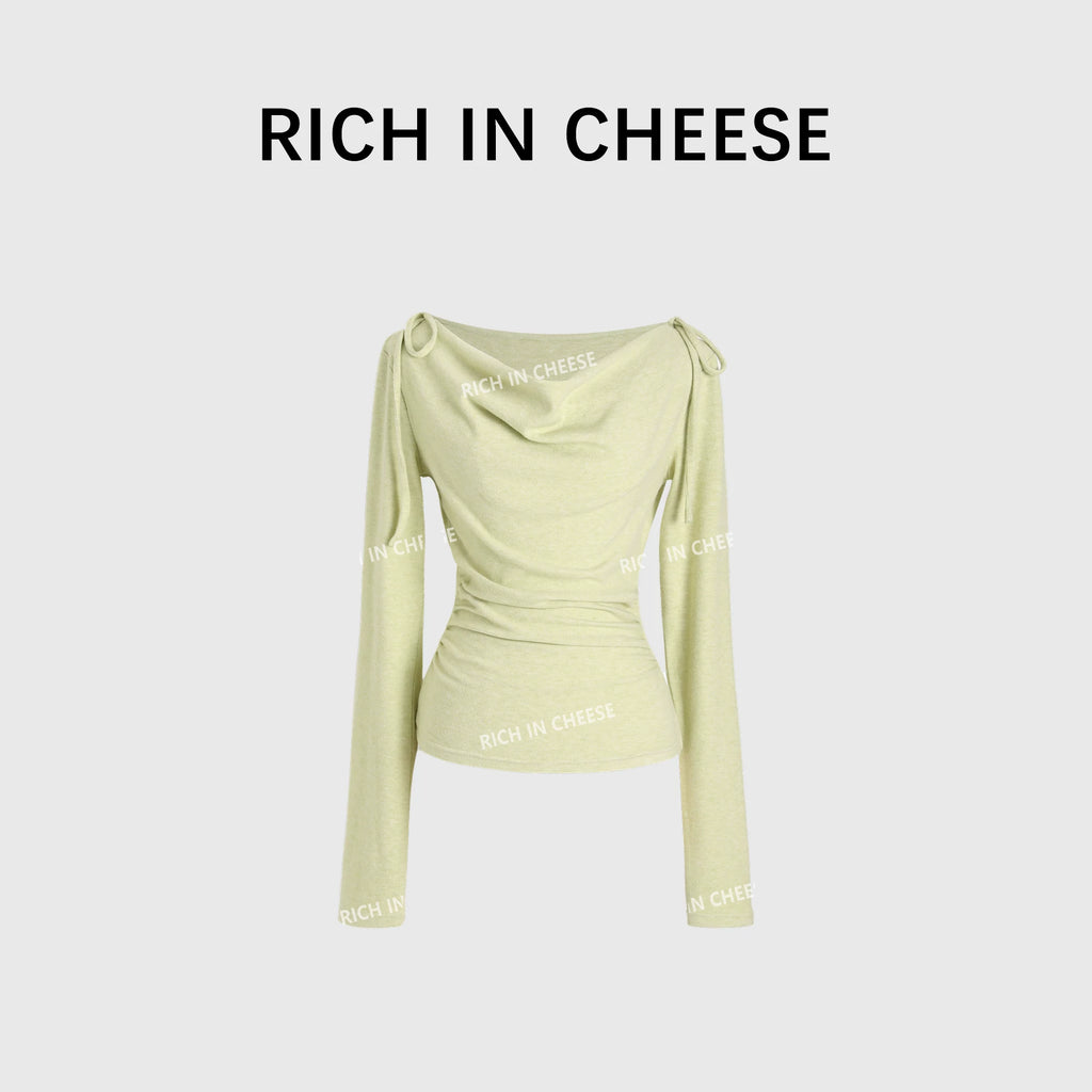 RICH IN CHEESE Pure Desire Swing Neck Knitted Waist Pleated Long Sleeves