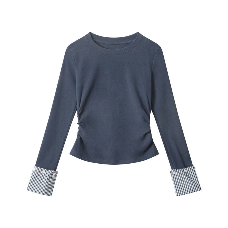Nariele Waist Wrinkle Stitching Contrasting Color Slim Long Sleeve