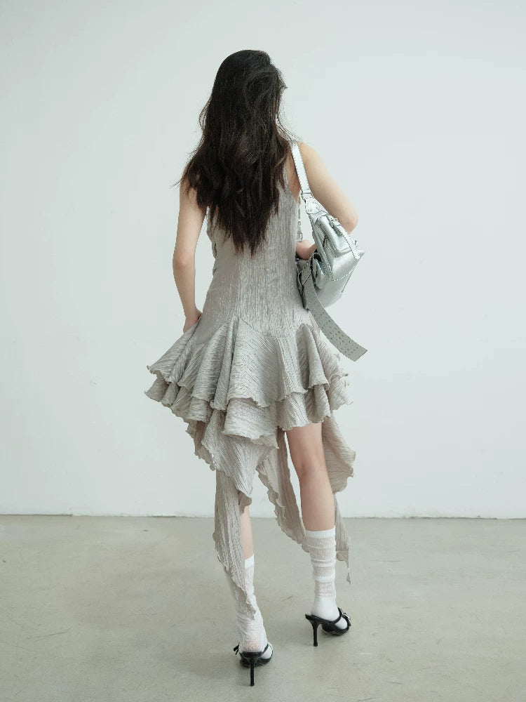 JNYLON Vintage Pleated Irregular Ruffle Dress