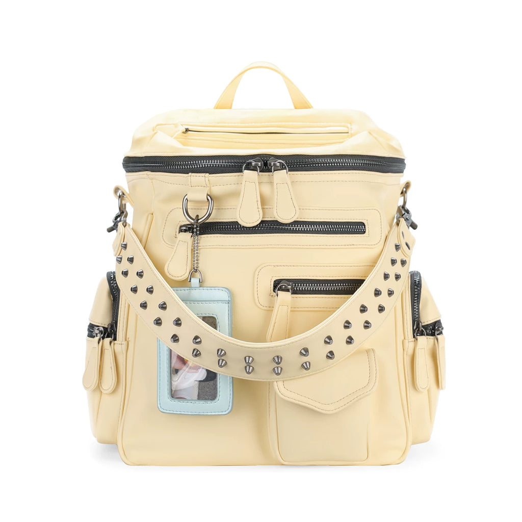 JANDRESS Light Yellow Faux Leather Zip-Top Backpack