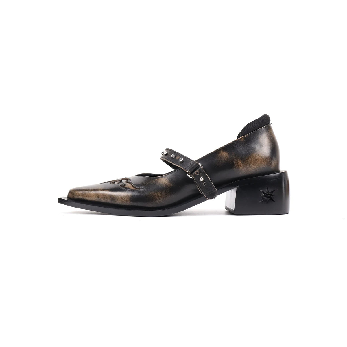ASTHER Burnished Leather Studded Pointed-Toe Mary Jane