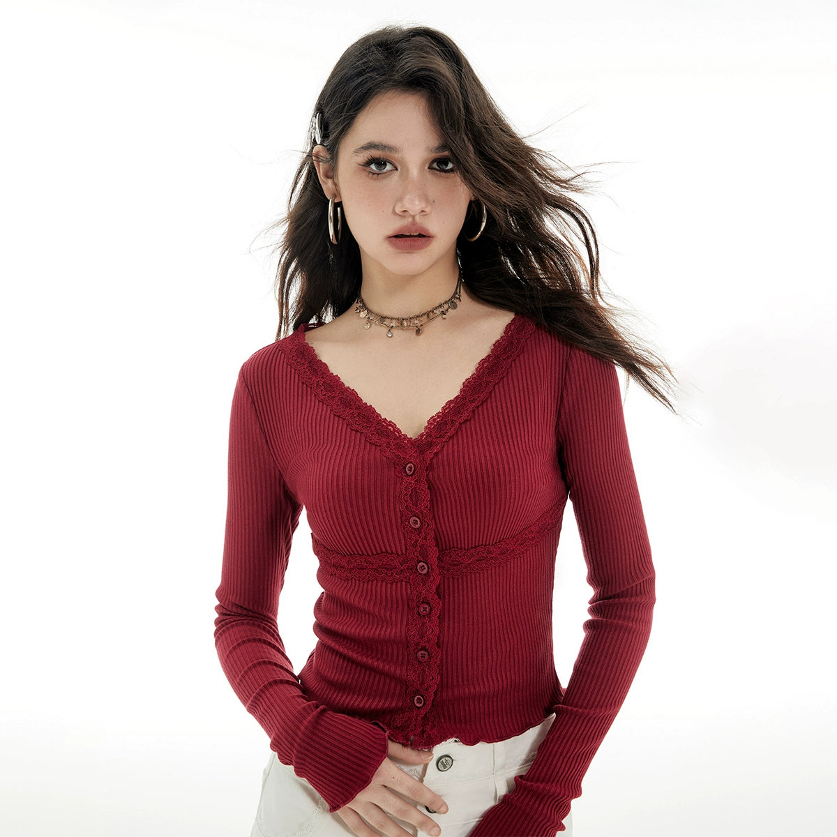 Imone Simple Pit Strip Splicing Lace V-neck Knitted Sweater