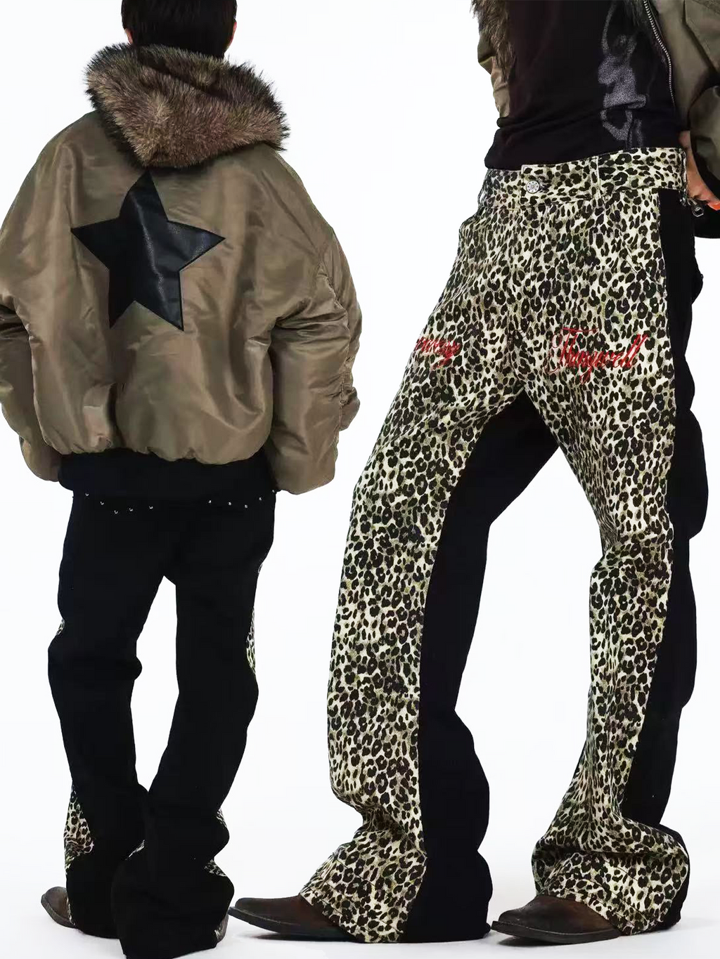 DETW Retro Double Leopard Print Micro-stack Visual Jeans