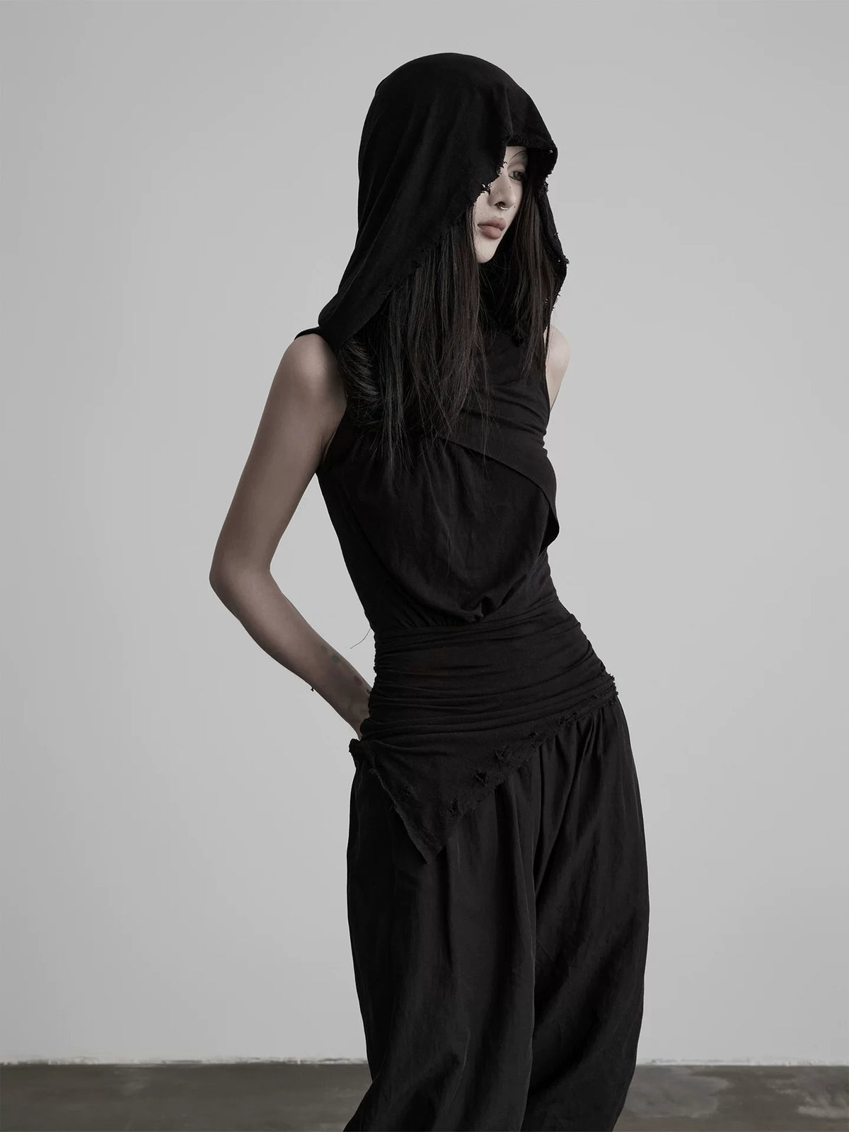 INDULGE Distressed Pleated Slim-Fit Black Hooded Tank Top