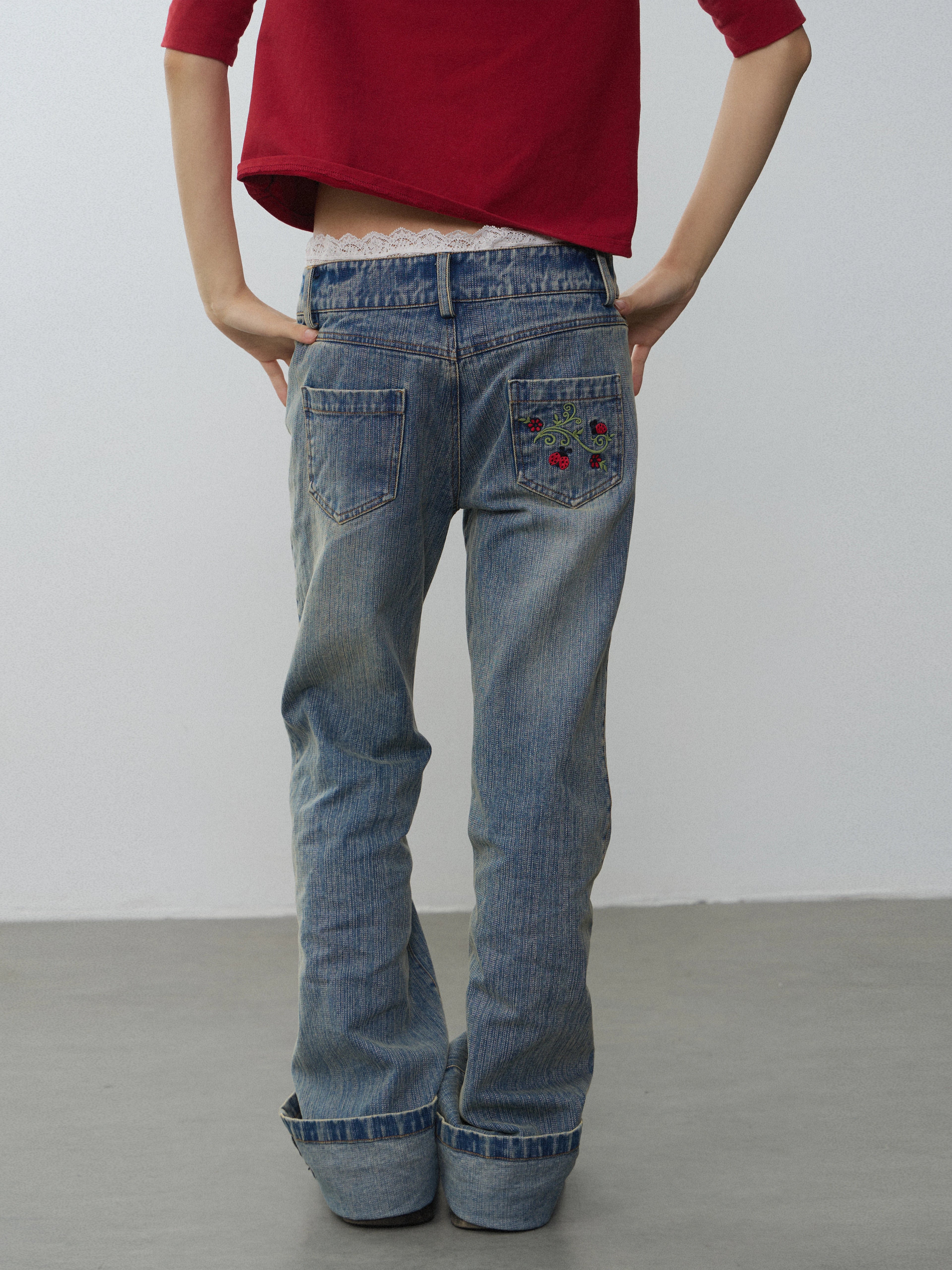 In Two Twos Medium Low Waist Straight Beetle Embroidered Jeans