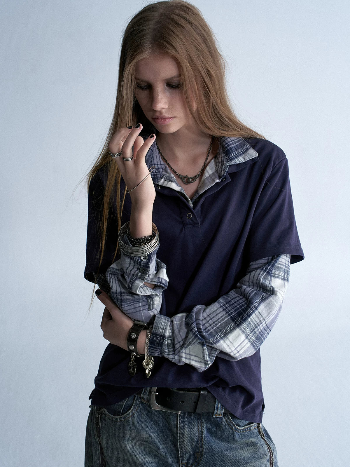 wear And tear Vintage Plaid Two-Layer Loose Drop-Shoulder Shirt