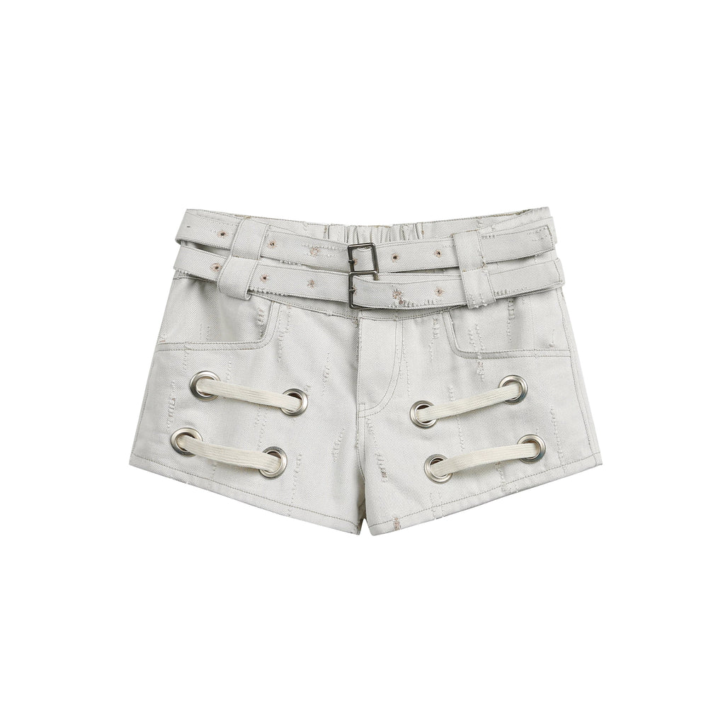 JIKOO High-Waist Straight-Leg Denim Shorts with Double Belt