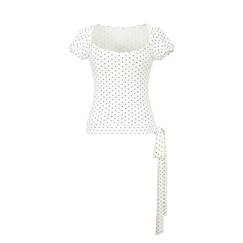 Yawhat Polka Dot Bubble Sleeve U-Neck Tee