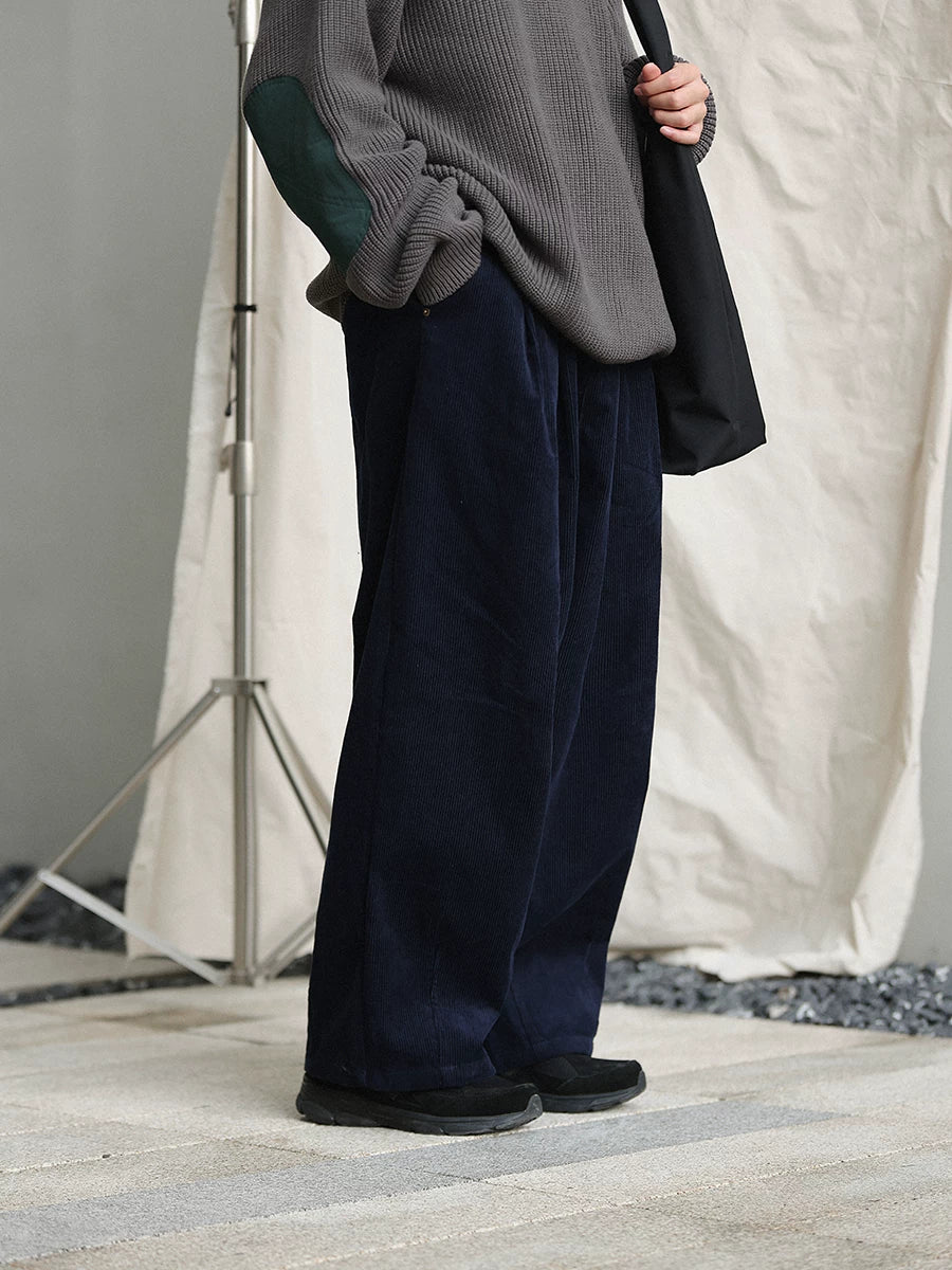 NOEARS Navy Corduroy Wide-Leg Breathable Cargo Pants