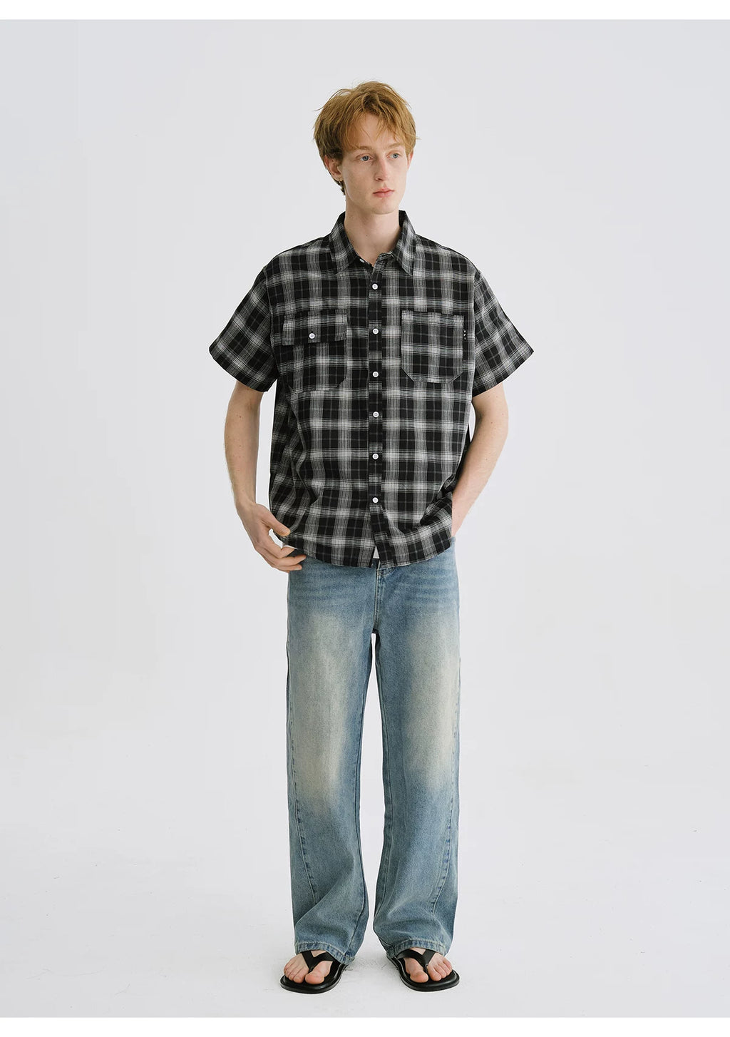 LIVINGTOWN Vintage Loose Casual Checked Short Sleeve Shirt