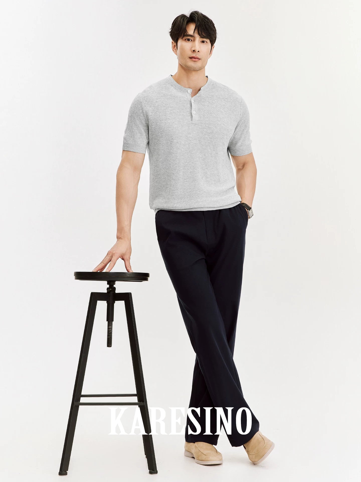 KARESINO Men's Breathable Linen Henley Knit Polo Shirt - Casual Tee