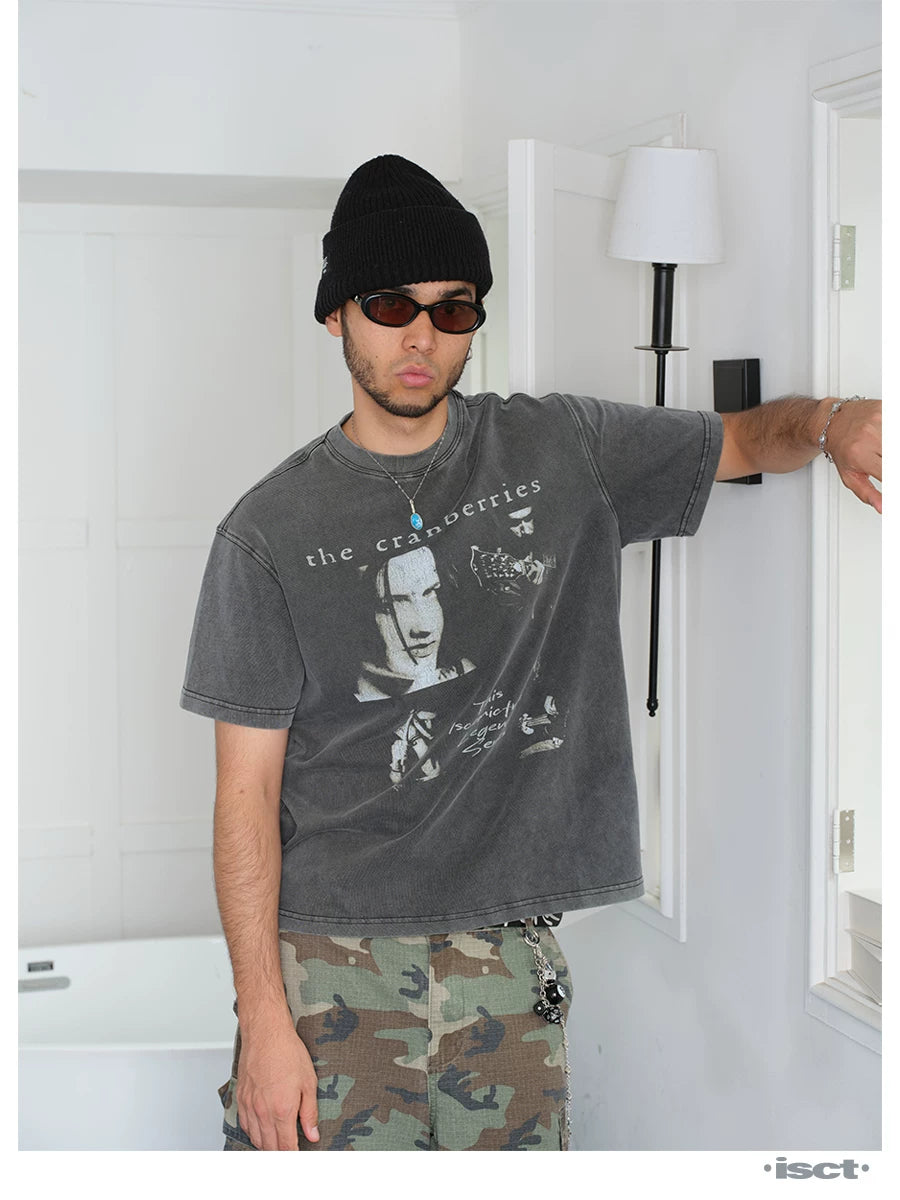 COMICTREE Old Front Shoulder Crew Neck Casual Tee