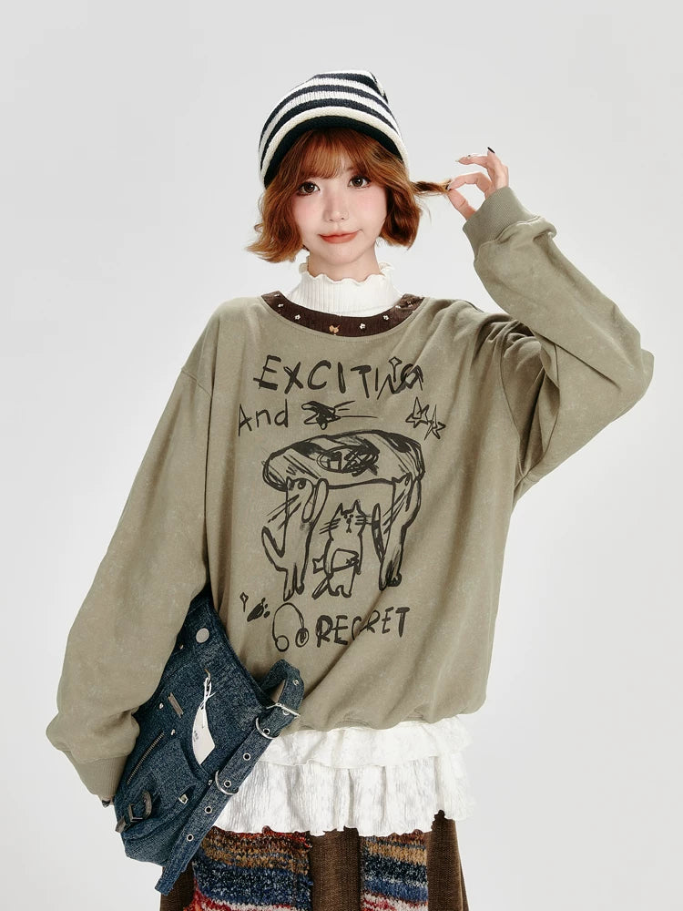 Girlyhalo Retro Crew Neck Graffiti Printingsweatshirt
