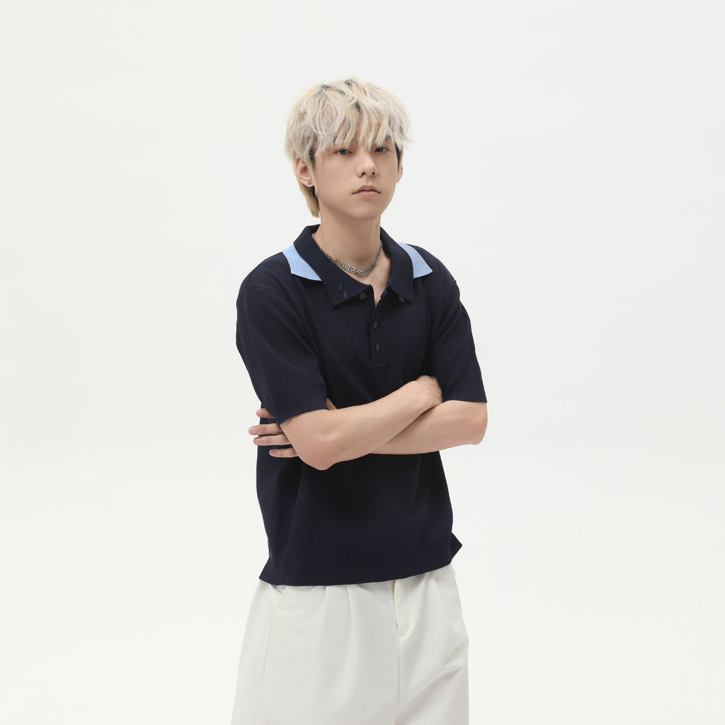MTLCLOTHES Vintage Spliced Double Neck Knitted Tee