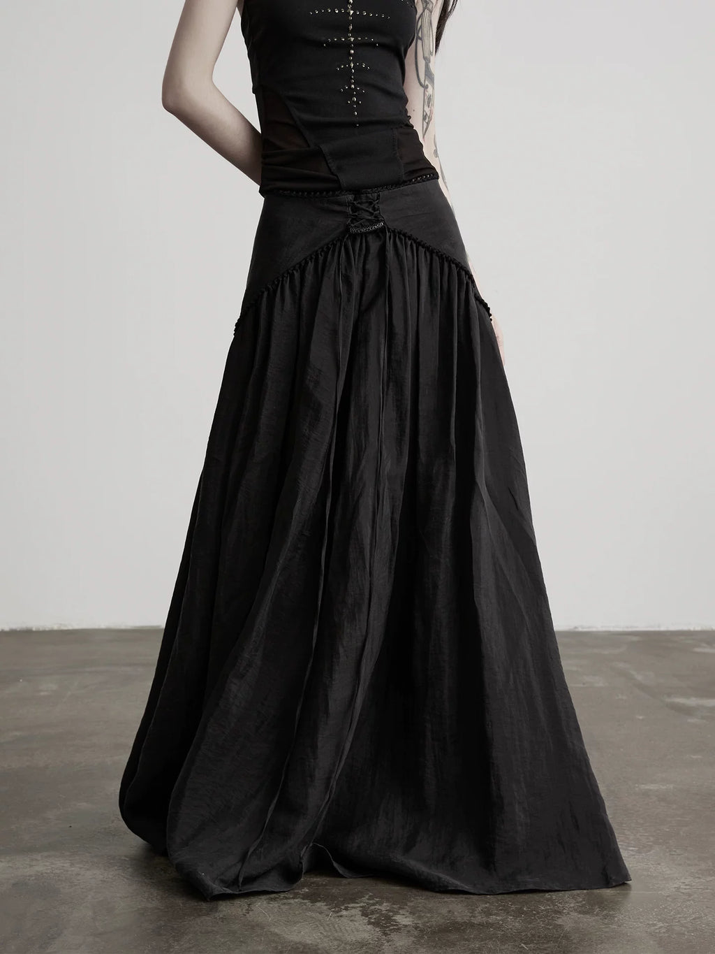 INDULGE Black Linen A-Line Flowing Long Skirt