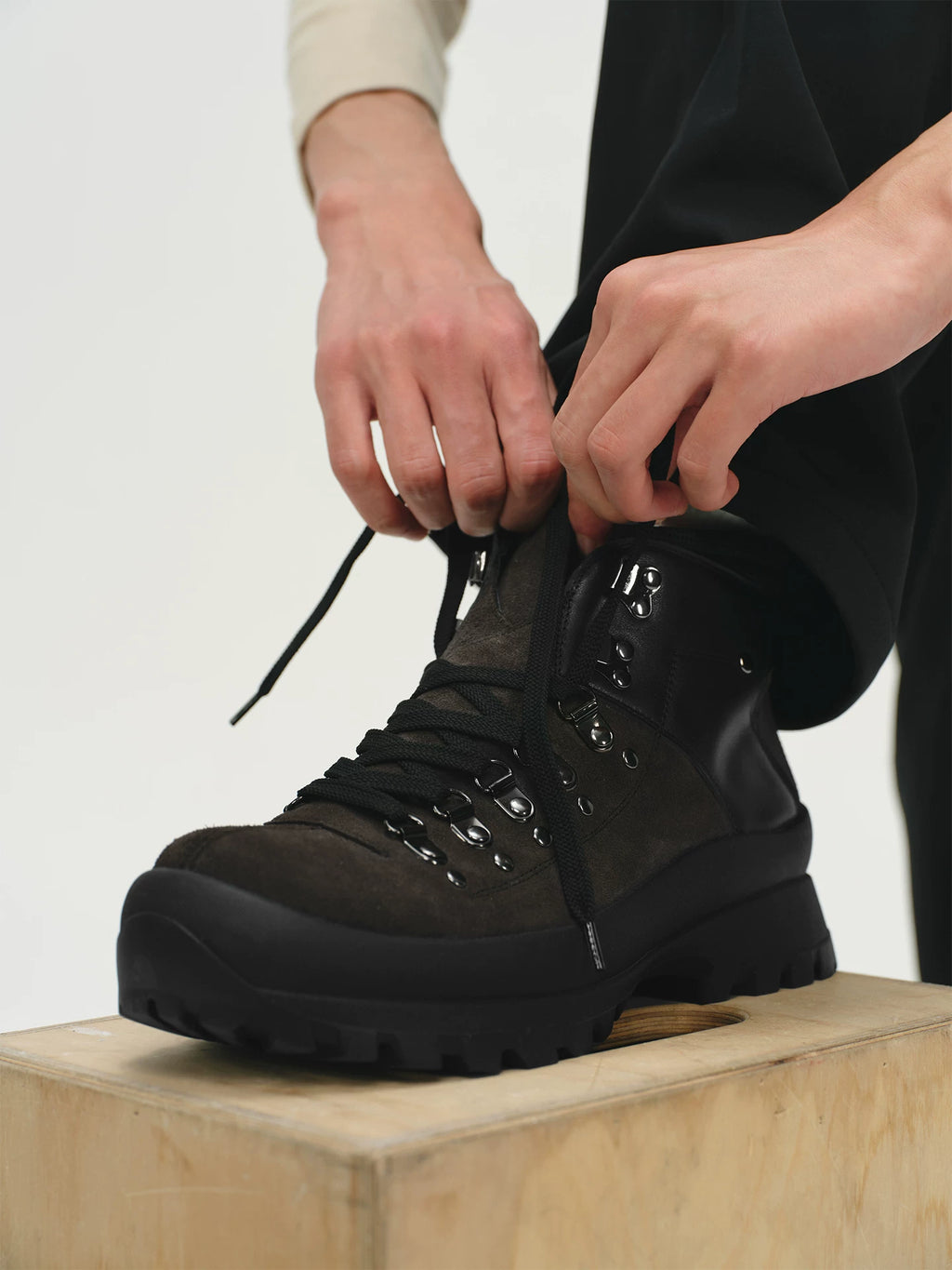 No Logo Patchwork Calfskin Hiking Boots