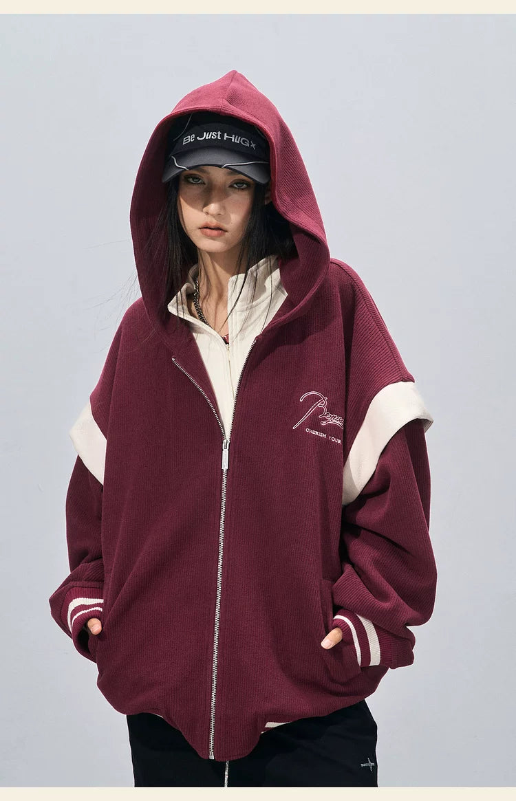 BJHG Corduroy Contrast Fake Two-piece Hooded Jacket