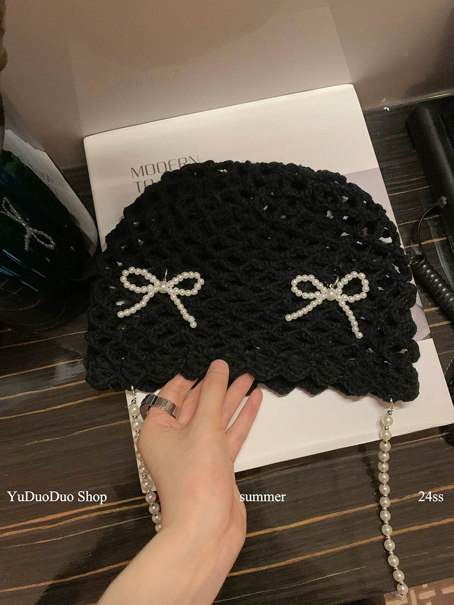 YuDuoDuo Pearl Bow Knit Beanie