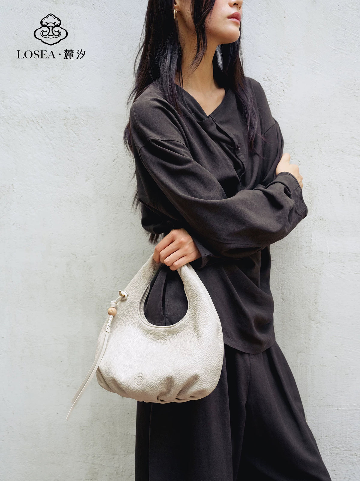 LOSEA White Full-Grain Leather Magnetic Snap Hobo Bag