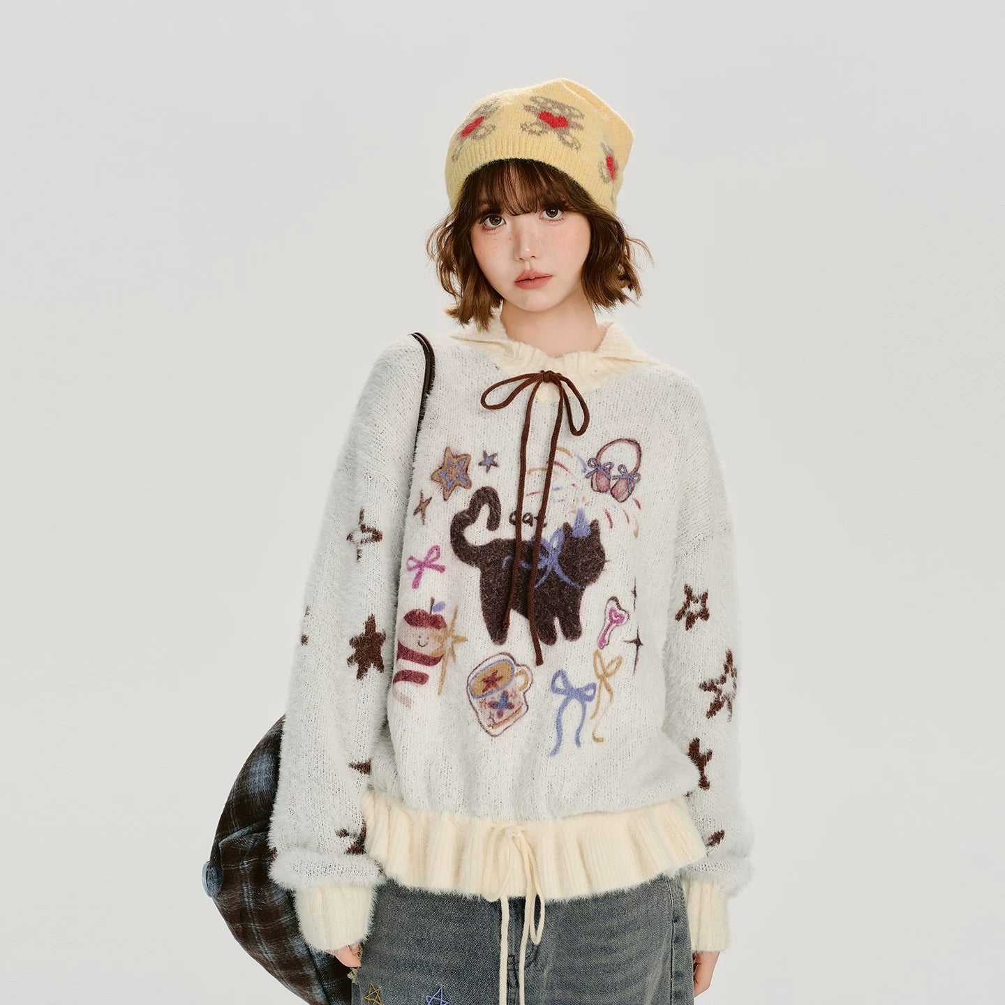 Girlyhalo Vintage Loose Cartoon Jacquard Color Combining Sweater