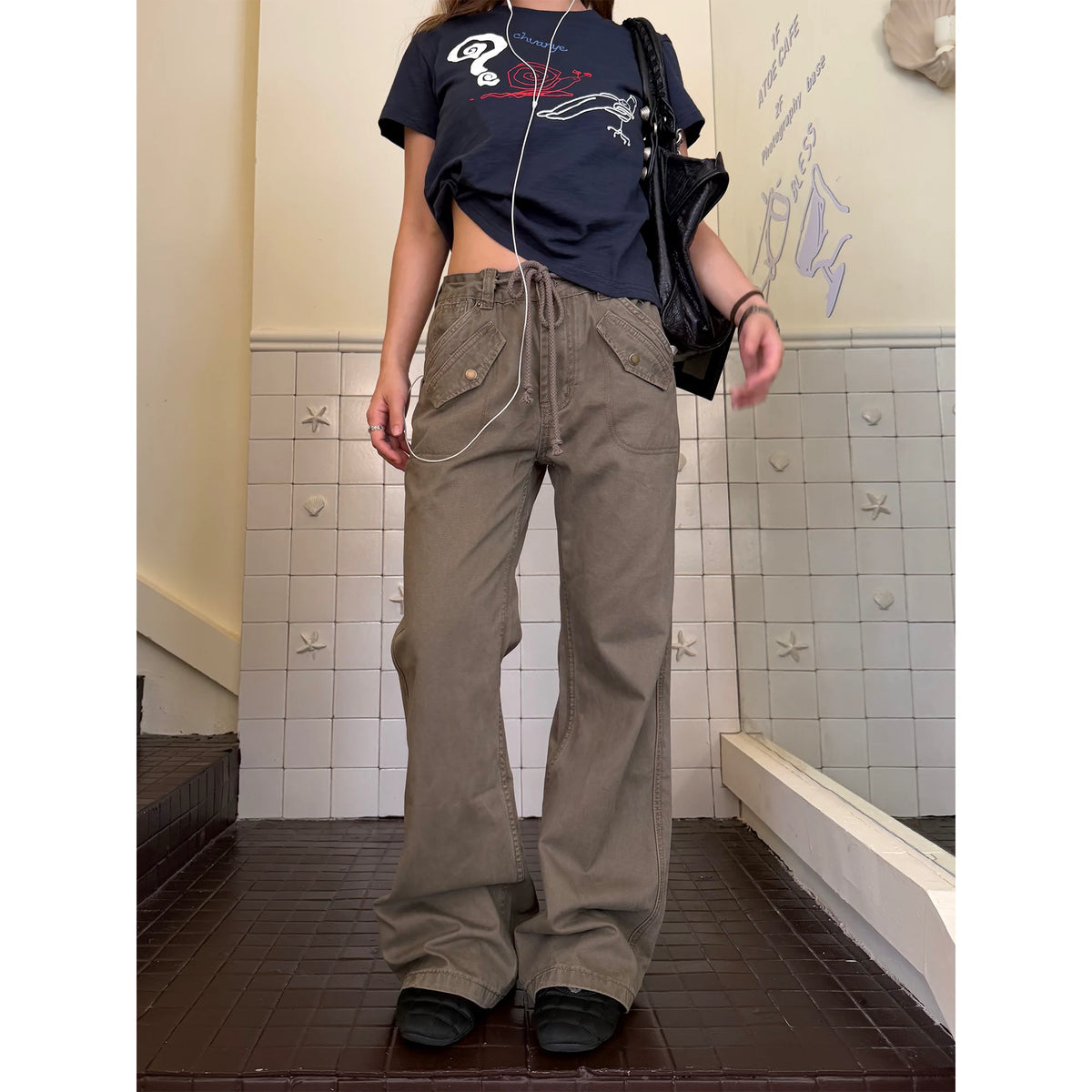 CCYE Distressed Flared Cotton Drawstring Pants