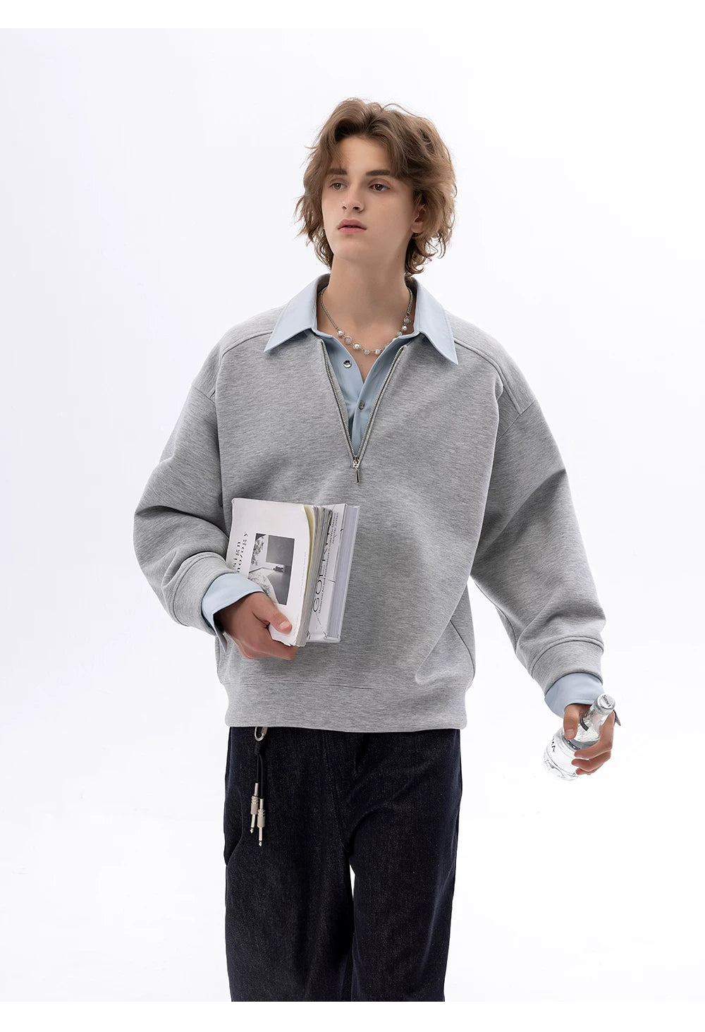CHOR Fake Two-piece Color-matching Zipper Lapel Pullover Sweater