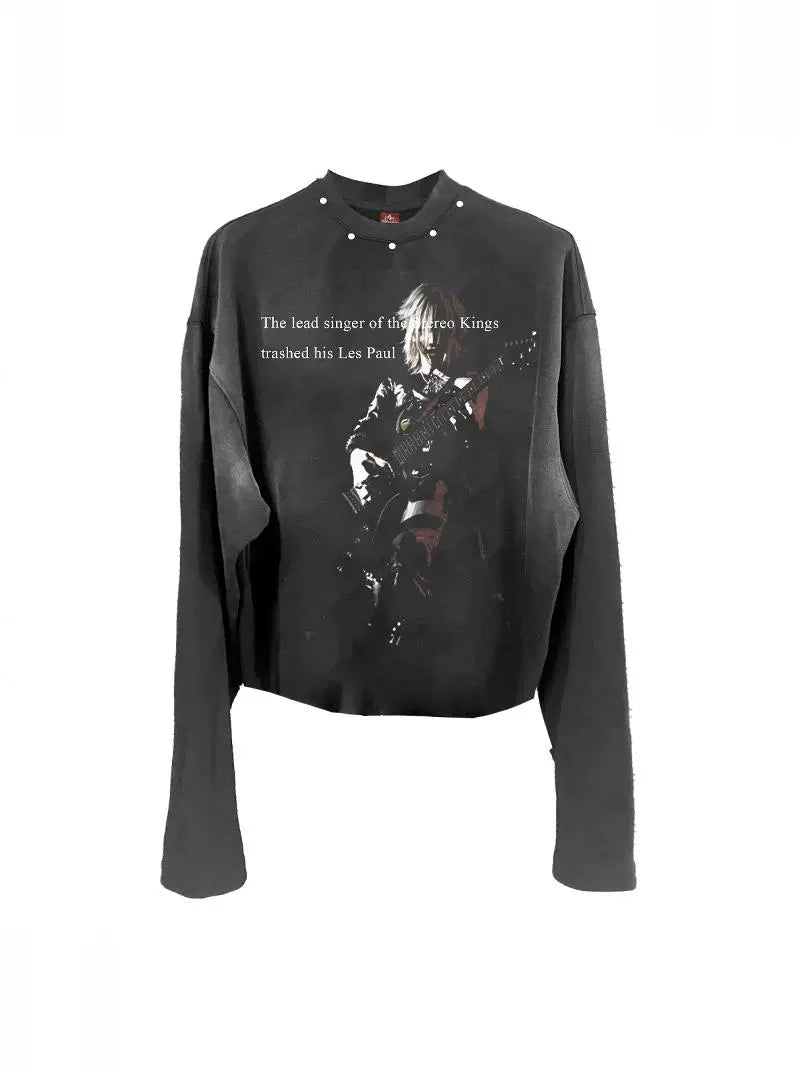 DETW 24AW Washed Diablo "Portrait Guitar" Rivets Light Sub-slogan Long Sleeve Tee