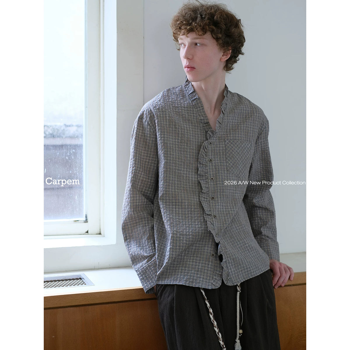 CARPEM Retro Plaid Lace-Trim Long-Sleeve Shirt