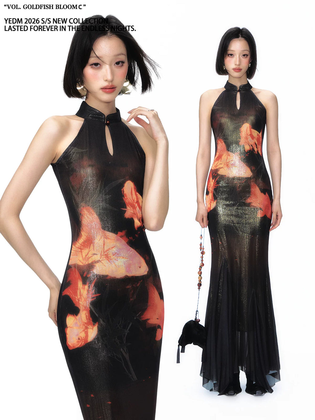 YEDM Goldfish Print 400g Breathable Bodycon Cheongsam Dress