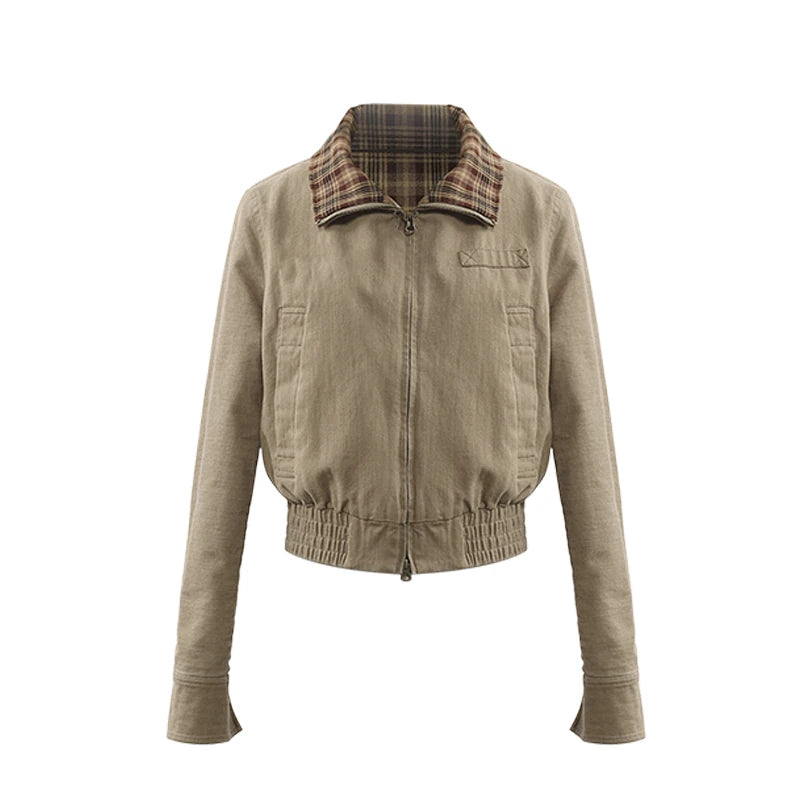 LINY LIBERTY Retro Plaid Collar Cropped Jacket