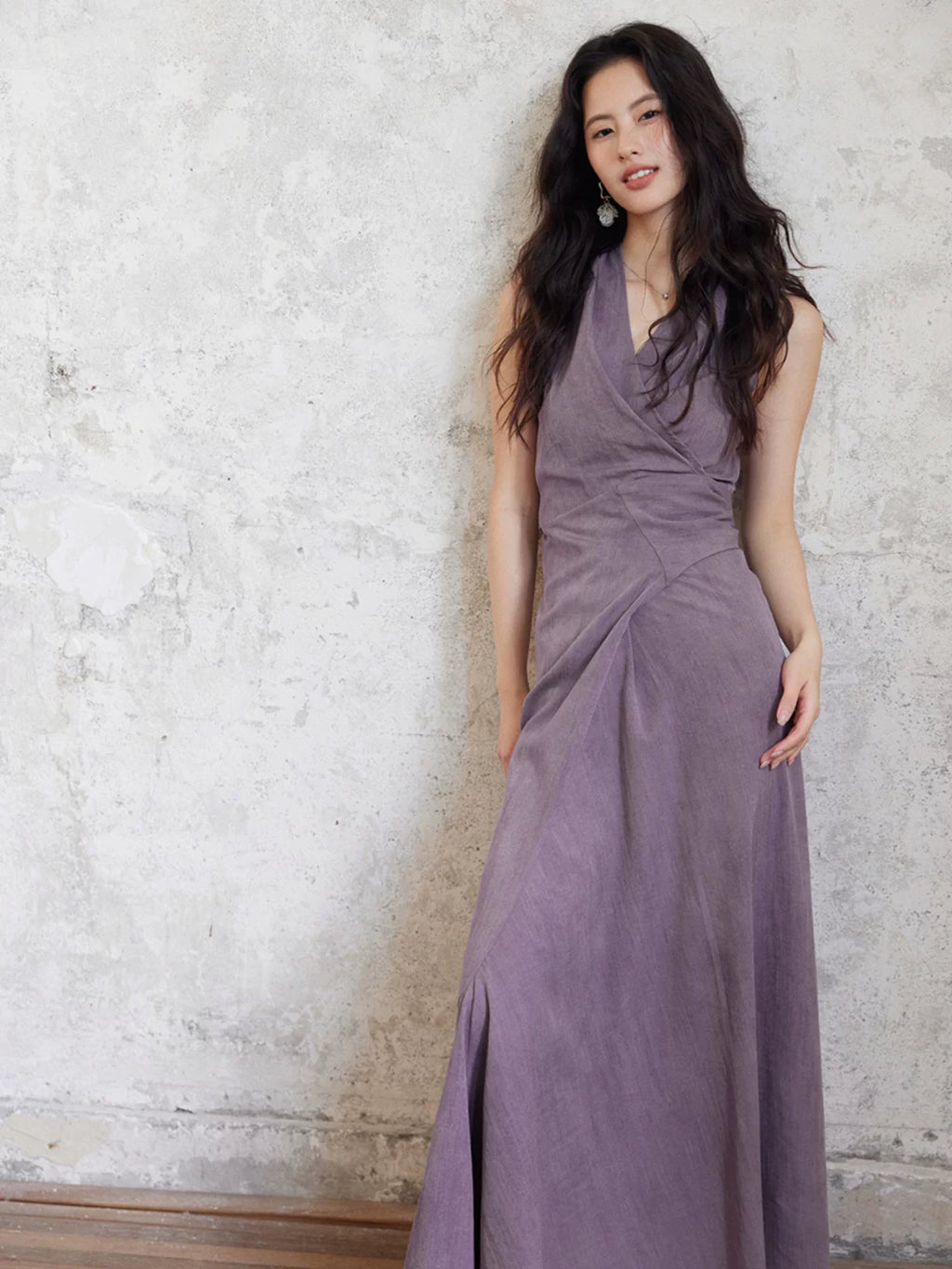 TYANG Temperament Purple V-neck Neck Strap Dress