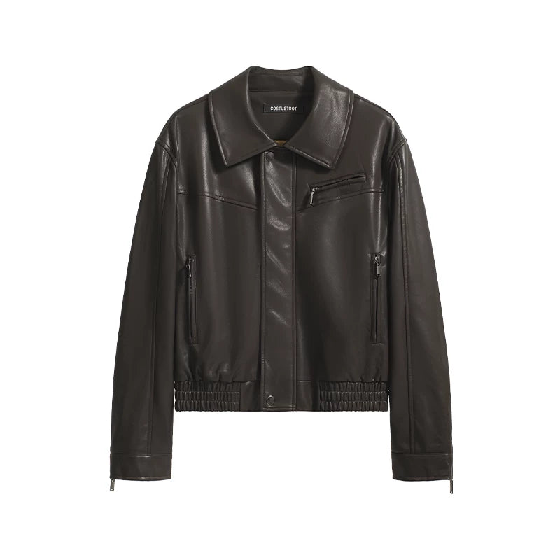 COSTUSTOOT Faux Leather Zip-Up Cropped Bomber Jacket