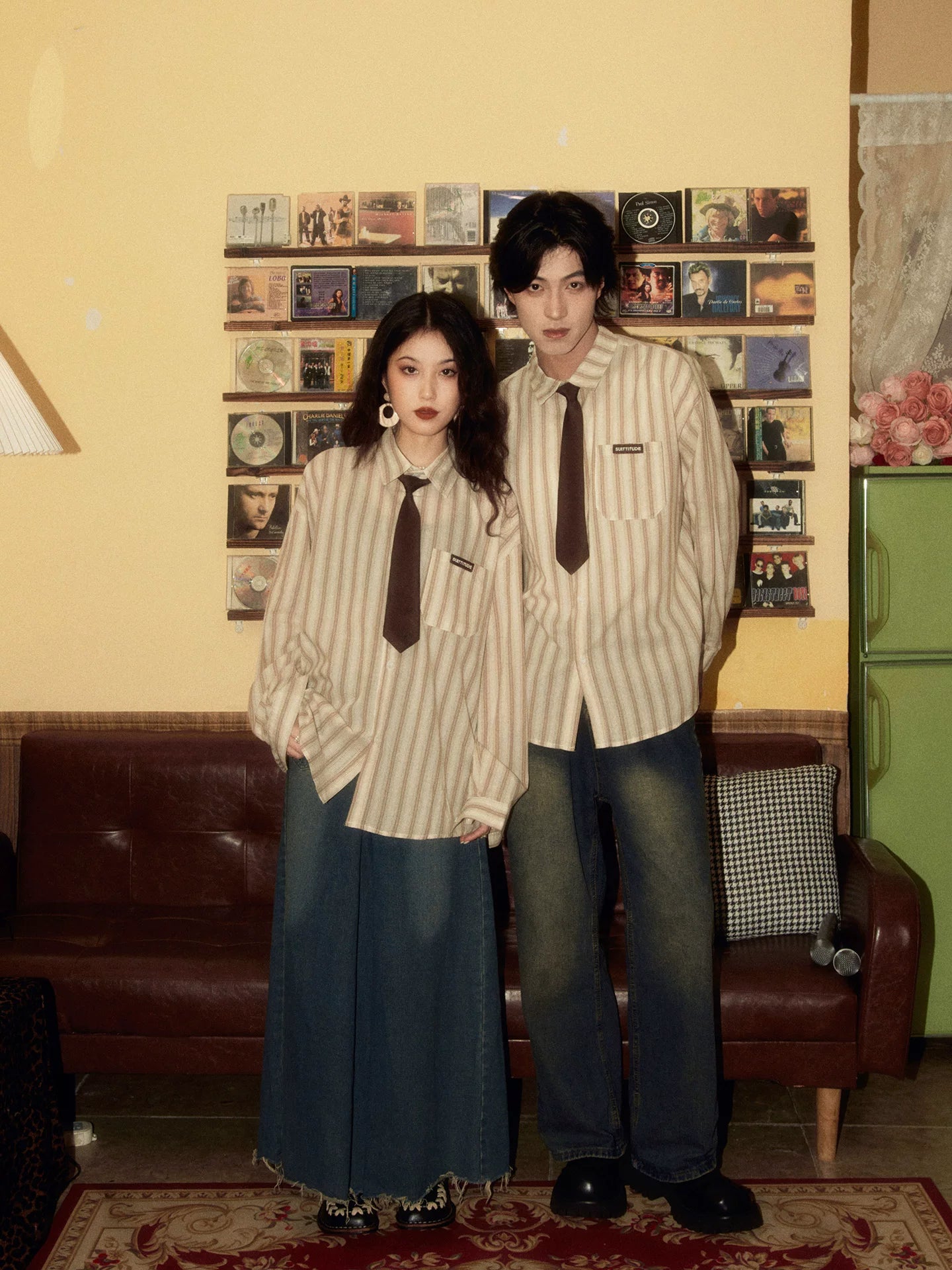 ALOHA Vintage Hong Kong Style Tie Long Sleeve Striped Shirt