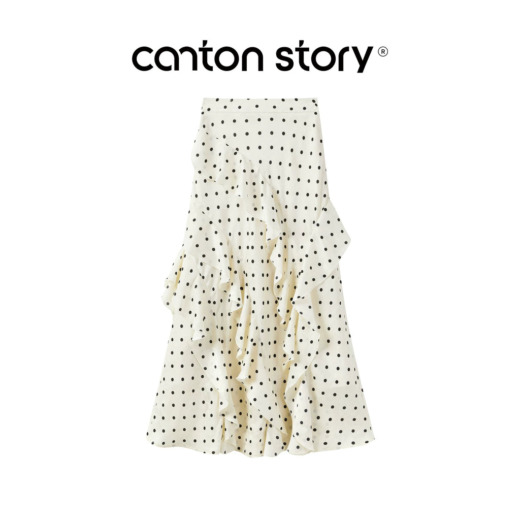 Cantonstory Yangcheng Story Apricot Polka Dot High-Waist A-Line Midi Skirt