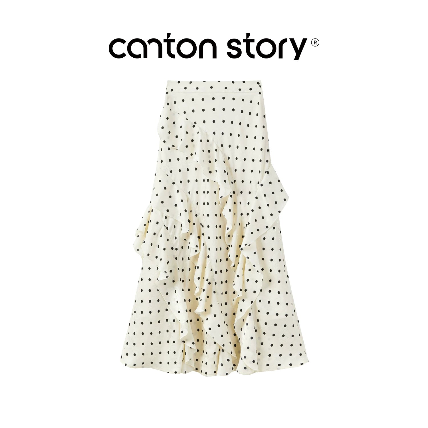 Cantonstory Yangcheng Story Apricot Polka Dot High-Waist A-Line Midi Skirt