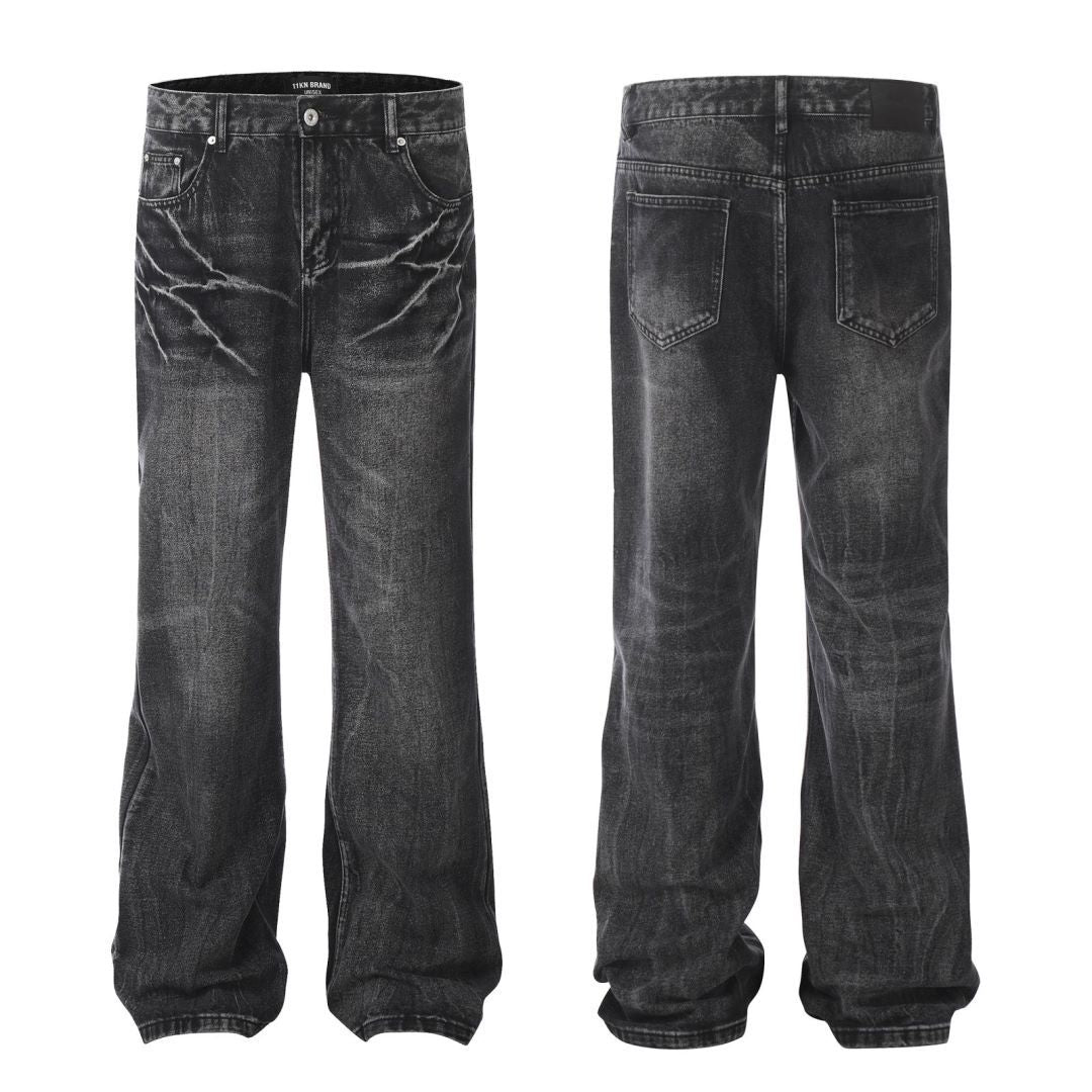 11KN Retro High Street Lightning Crack Washed Distressed Cat Whisker Loose Jeans