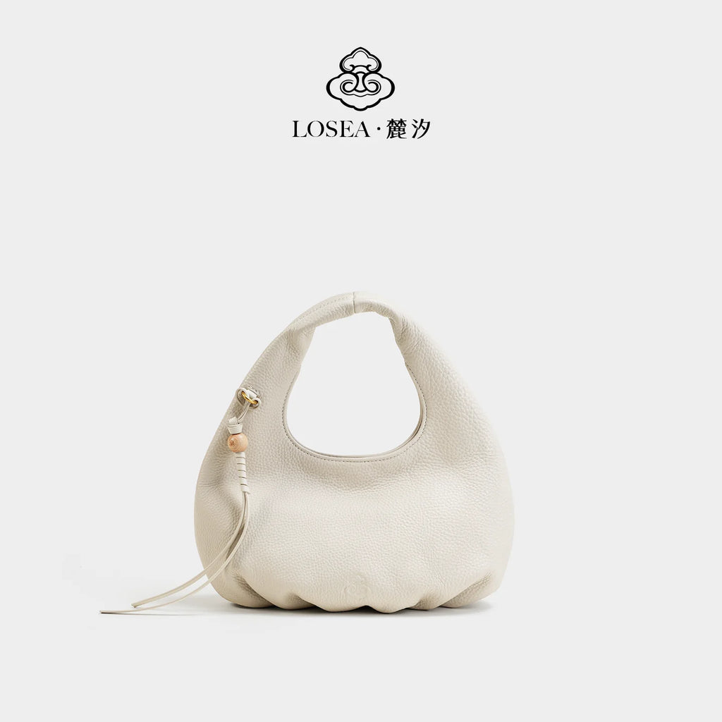 LOSEA White Full-Grain Leather Magnetic Snap Hobo Bag