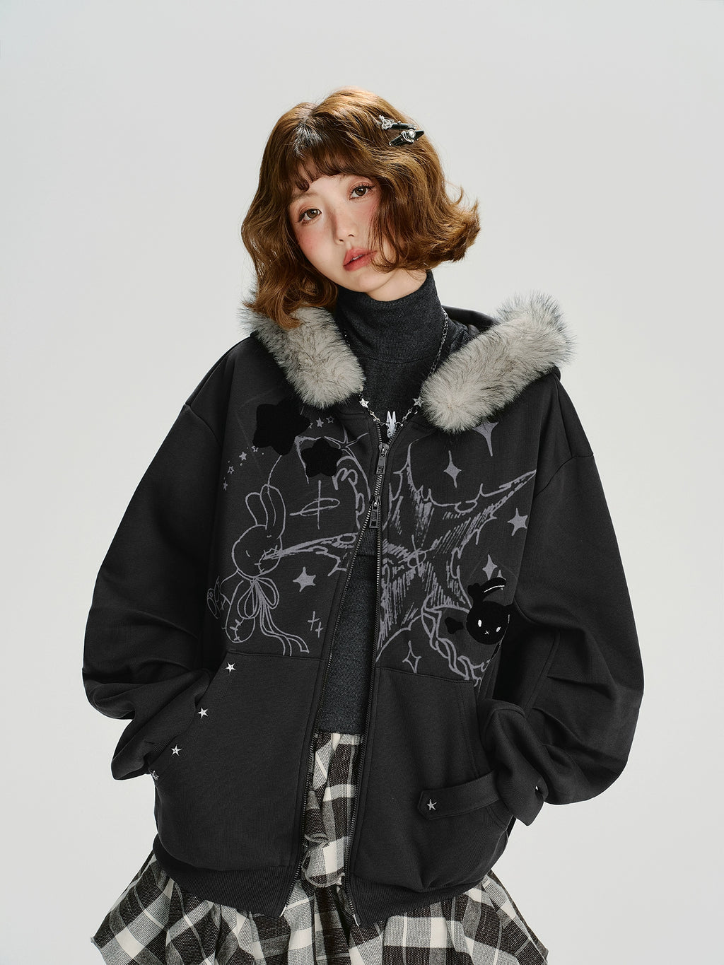 Girlyhalo Vintage Print Hooded Sweater Jacket