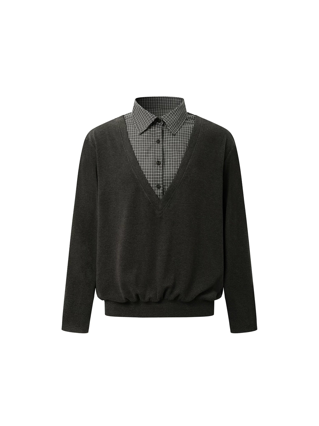 DIMC Plaid Splicing V-neck Fake Two-piece Long Sleeve
