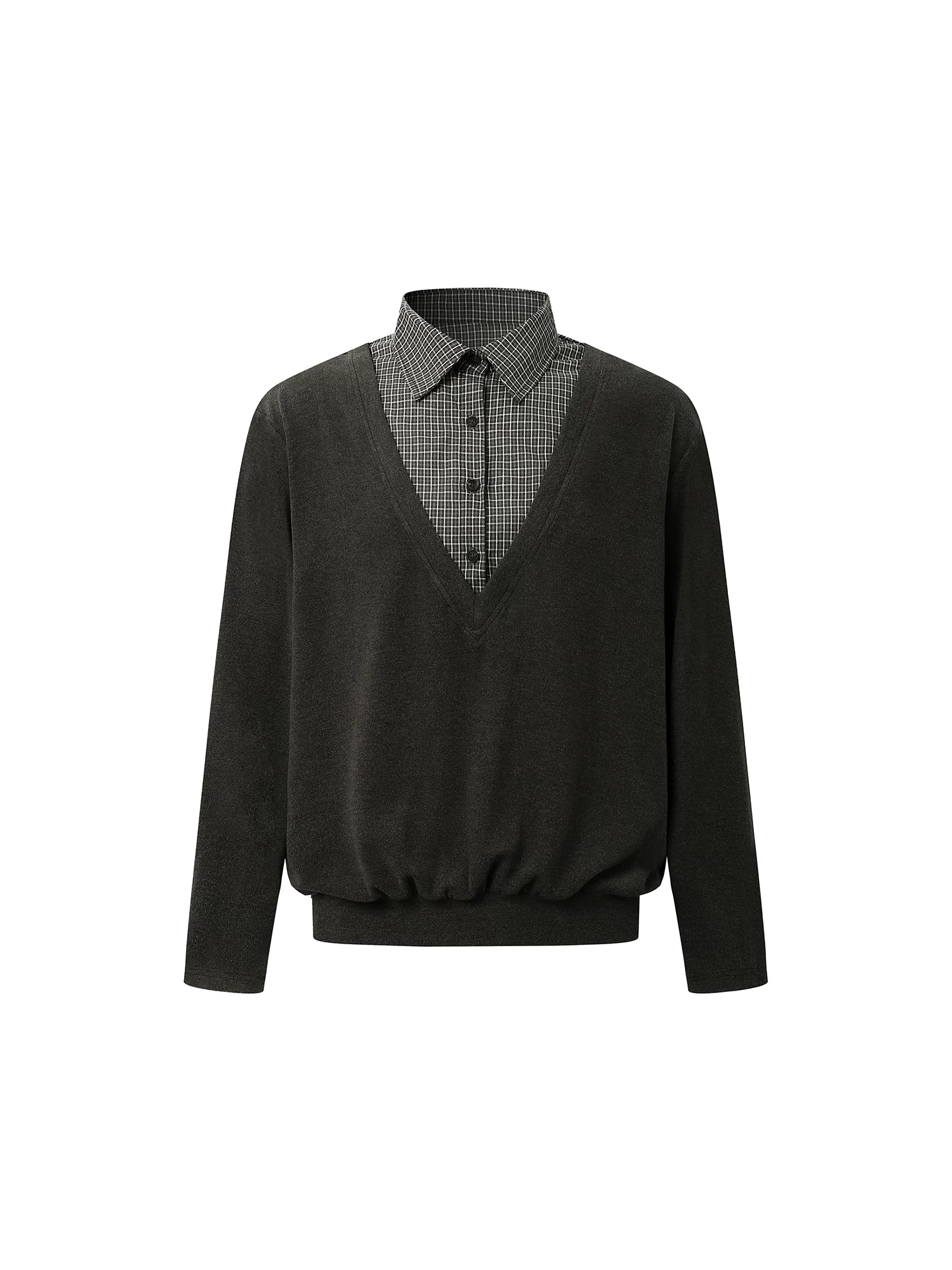 DIMC Plaid Splicing V-neck Fake Two-piece Long Sleeve